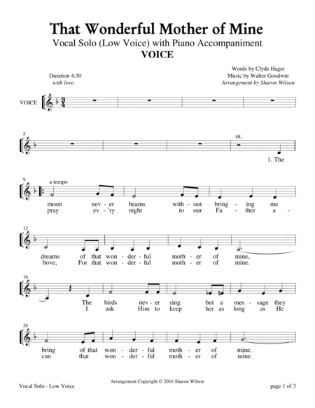 That Wonderful Mother Of Mine Low Voice Vocal Solo With Piano Accompaniment Sheet Music