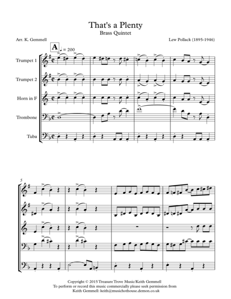 Free Sheet Music Thats A Plenty Brass Quintet