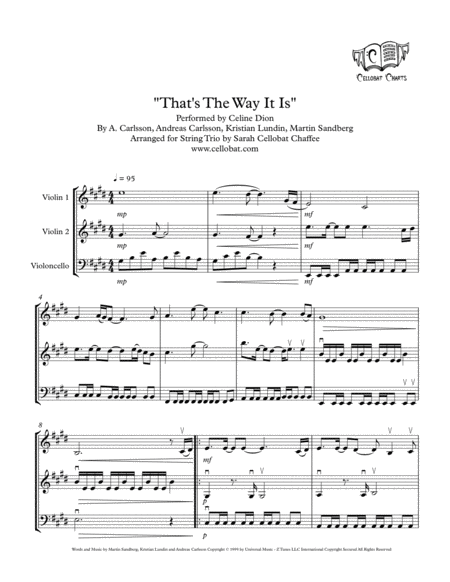 Thats The Way It Is String Trio 2 Violins Cello Celine Dion Arr Cellobat Sheet Music