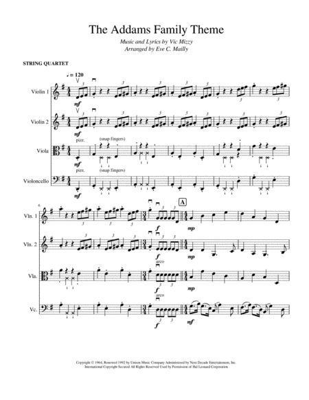 The Addams Family Theme String Quartet Sheet Music