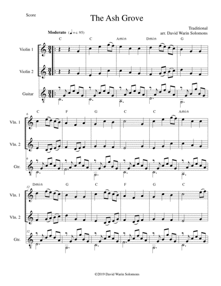 The Ash Grove Llwyn Onn For 2 Violins And Guitar Sheet Music