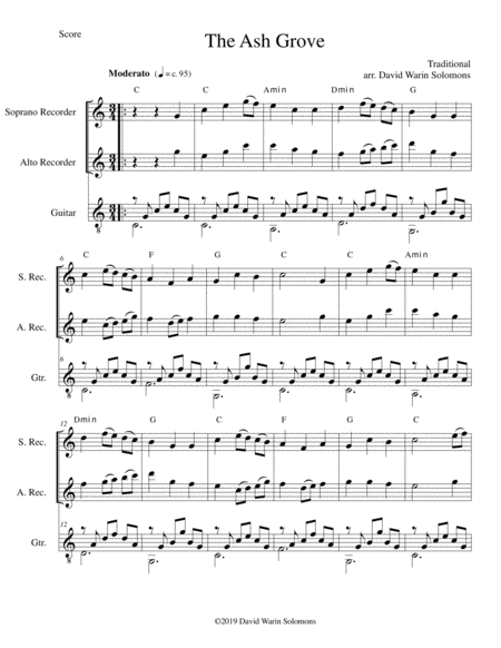 Free Sheet Music The Ash Grove Llwyn Onn For Soprano And Alto Recorders And Guitar