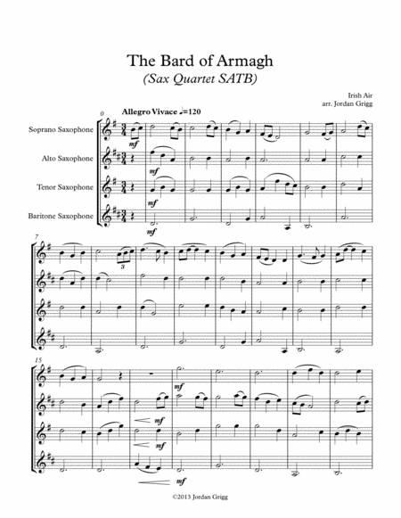 The Bard Of Armagh Sax Quartet Satb Sheet Music