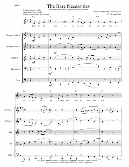 Free Sheet Music The Bare Necessities From The Jungle Book For Brass Quintet With Optional Vocals Chords
