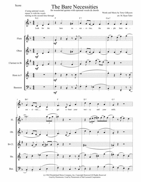 Free Sheet Music The Bare Necessities From The Jungle Book For Woodwind Quintet With Optional Vocals Chords