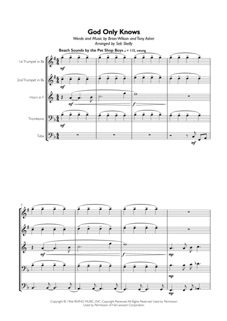 The Beach Boys God Only Knows For Brass Quintet Sheet Music