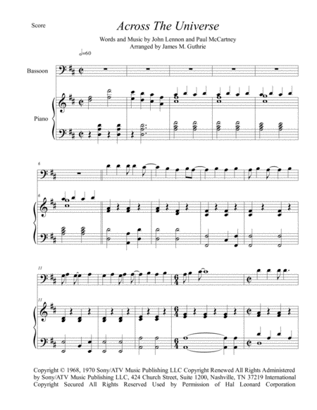 Free Sheet Music The Beatles Across The Universe For Bassoon Piano