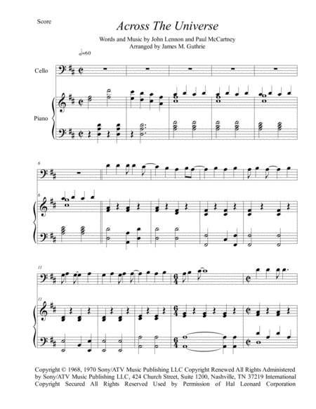 The Beatles Across The Universe For Cello Piano Sheet Music