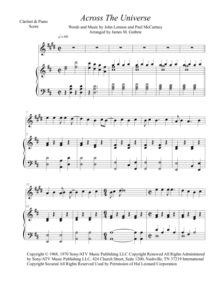 The Beatles Across The Universe For Clarinet Piano Sheet Music