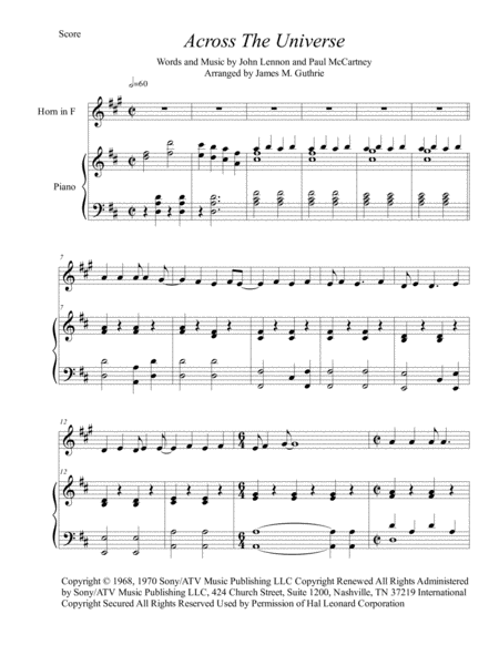 The Beatles Across The Universe For French Horn Piano Sheet Music