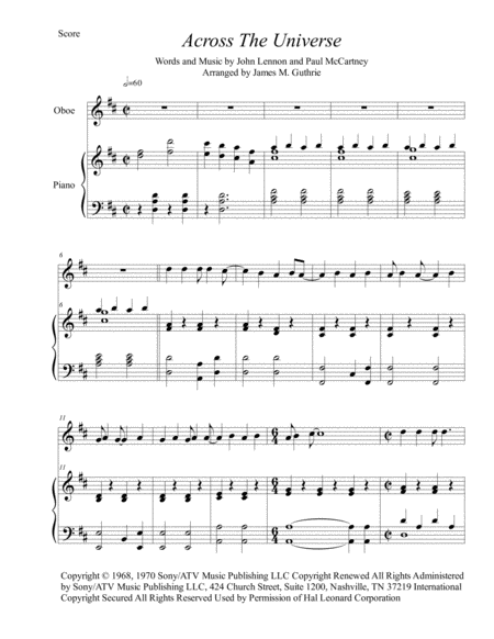 The Beatles Across The Universe For Oboe Piano Sheet Music