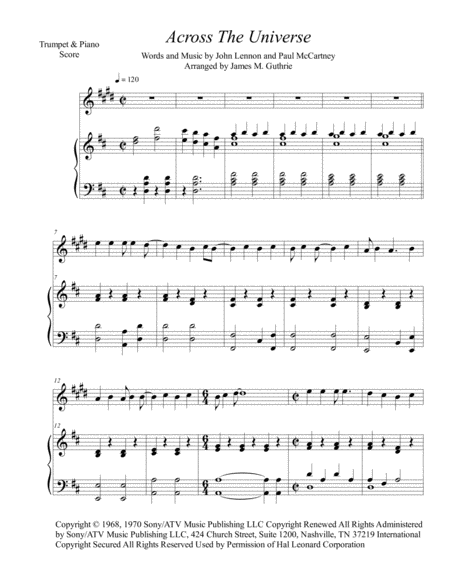 Free Sheet Music The Beatles Across The Universe For Trumpet Piano
