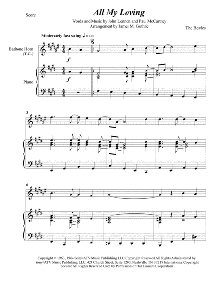 Free Sheet Music The Beatles All My Loving For Baritone Horn Piano
