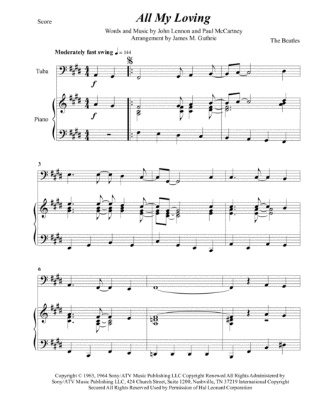 Free Sheet Music The Beatles All My Loving For Tuba Piano