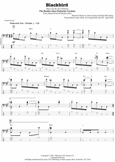 The Beatles Blackbird Jaco Pastorius Version Complete And Accurate Bass Transcription Whit Tab Sheet Music