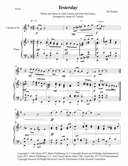 Free Sheet Music The Beatles Yesterday For Clarinet Piano