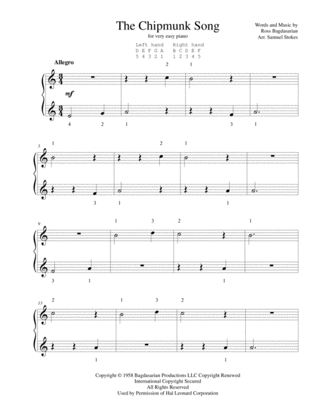 The Chipmunk Song Christmas Dont Be Late For Very Easy Piano Sheet Music