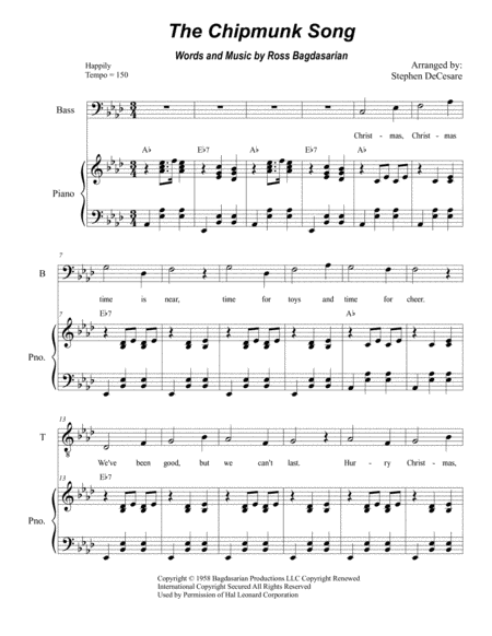 Free Sheet Music The Chipmunk Song Duet For Tenor And Bass Solo