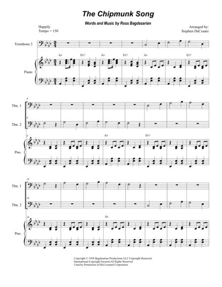 Free Sheet Music The Chipmunk Song Trombone Duet