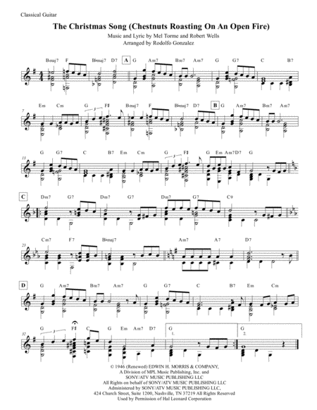 Free Sheet Music The Christmas Song Chestnuts Roasting On An Open Fire For Solo Classical Guitar