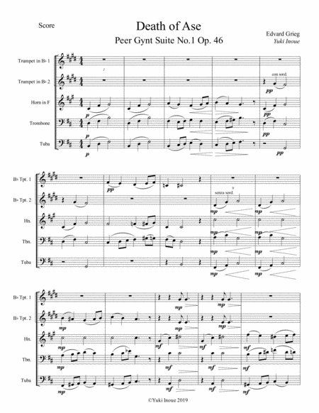 Free Sheet Music The Death Of Ase Brass Quintet Peer Gynt Suite No 1 Opus 46