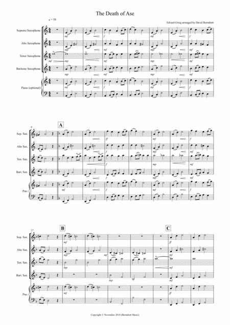 The Death Of Ase From Peer Gynt For Saxophone Quartet Sheet Music