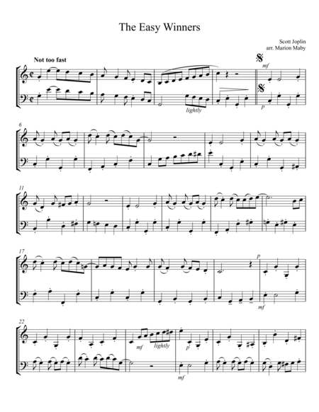 The Easy Winners By Scott Joplin Arr For Vln Cello Duet Sheet Music