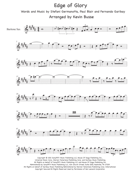 The Edge Of Glory Sax Solo Original Key Bari Sax Sheet Music