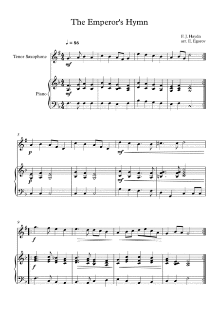 The Emperors Hymn Franz Joseph Haydn For Tenor Saxophone Piano Sheet Music
