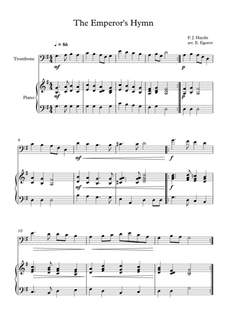 The Emperors Hymn Franz Joseph Haydn For Trombone Piano Sheet Music