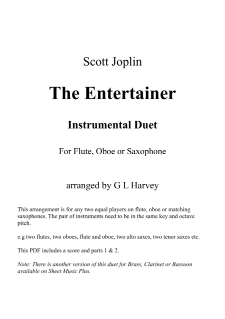 The Entertainer Flute Oboe Or Saxophone Duet Sheet Music