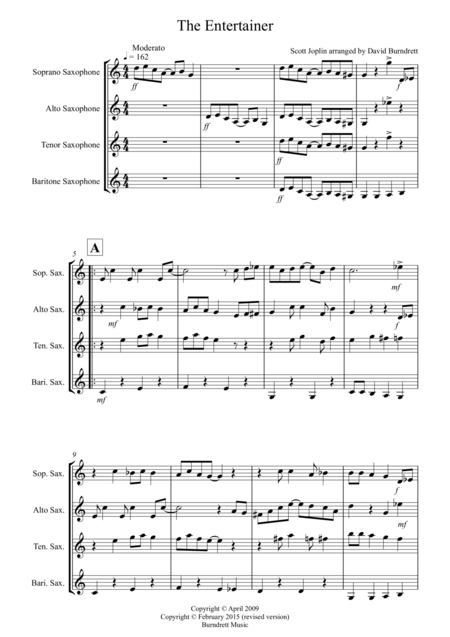 Free Sheet Music The Entertainer For Saxophone Quartet