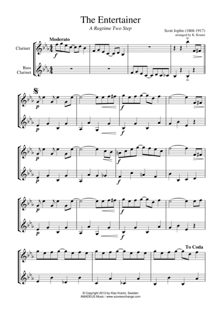 The Entertainer Ragtime Easy Abridged For Clarinet Duet Bass Sheet Music