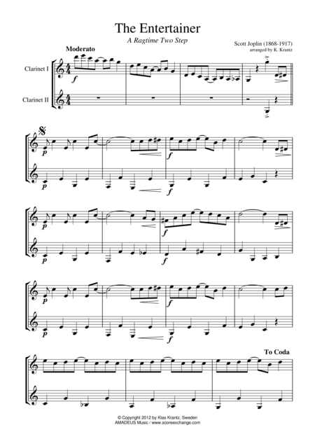 Free Sheet Music The Entertainer Ragtime Easy Abridged For Clarinet Duet