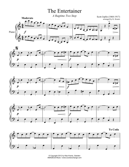 The Entertainer Ragtime Easy Abridged For Piano Solo Two Versions Sheet Music