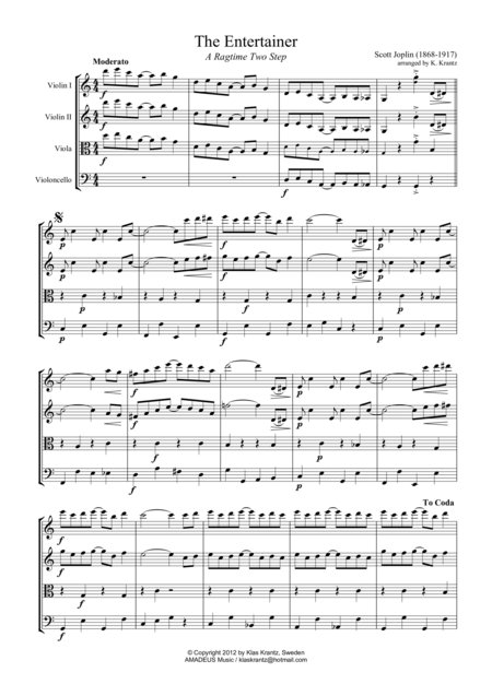 The Entertainer Ragtime Easy Abridged For String Quartet Sheet Music