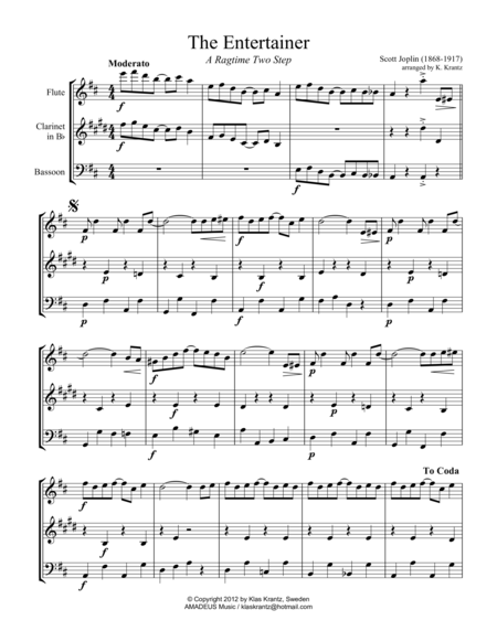 The Entertainer Ragtime Easy Abridged For Wind Trio Fl Cl Bsn Sheet Music