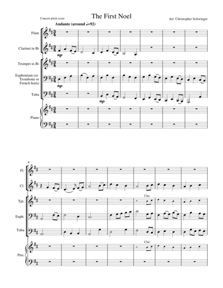 The First Noel For Sextet Of Flute Clarinet Trumpet Euph Tbone Fr Horn Any Of The 3 Horns Part Is Included A 5th Higher Tuba Piano Sheet Music