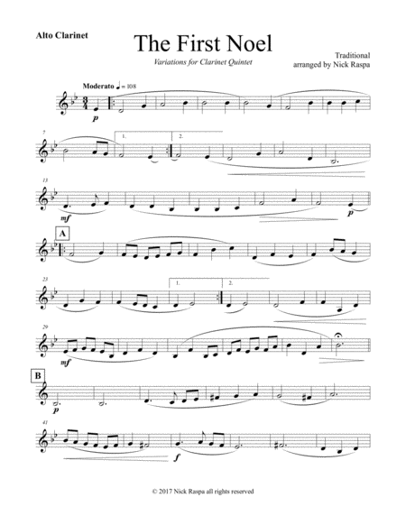 The First Noel Variations For Clarinet Quintet Alto Clarinet Part Sheet Music