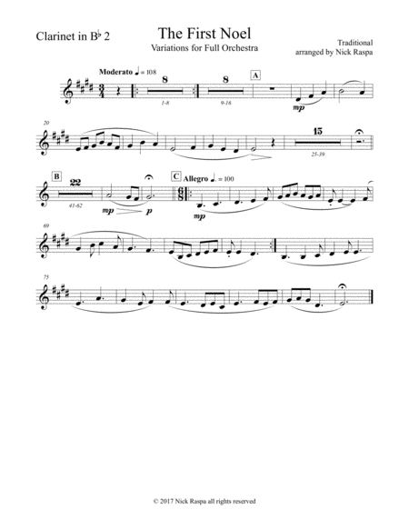 The First Noel Variations For Full Orchestra Clarinet In B Flat 2 Part Sheet Music