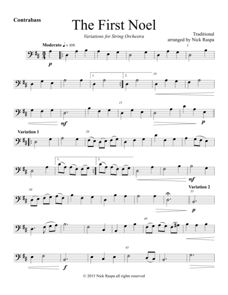 The First Noel Variations For String Orchestra Double Bass Sheet Music