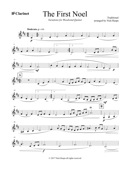 Free Sheet Music The First Noel Variations For Woodwind Quintet B Flat Clarinet Part