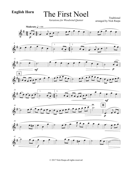 Free Sheet Music The First Noel Variations For Woodwind Quintet English Horn Part
