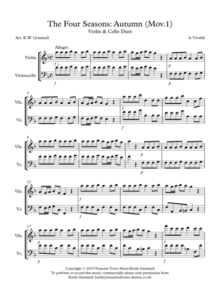 Free Sheet Music The Four Seasons Autumn Mov 1 Violin Cello Duet