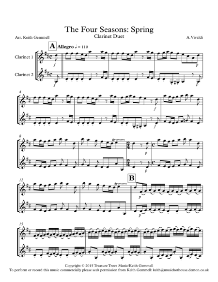 Free Sheet Music The Four Seasons Spring Clarinet Duet