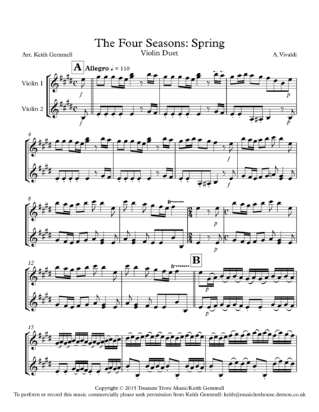 The Four Seasons Spring Violin Duet Sheet Music