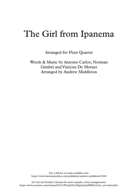 The Girl From Ipanema Arranged For Flute Quartet Sheet Music