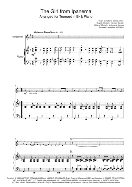 Free Sheet Music The Girl From Ipanema For Trumpet And Piano