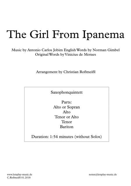 The Girl From Ipanema Garota De Ipanema For Saxophonquintett Sheet Music