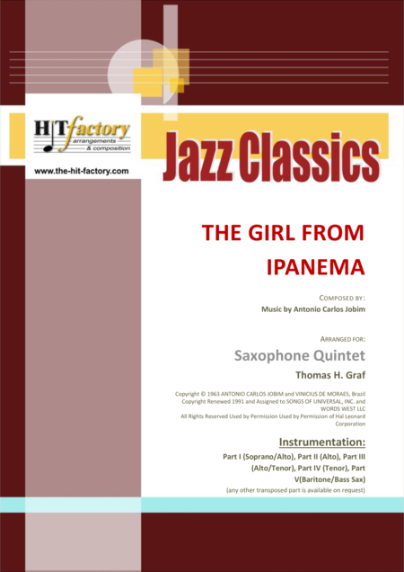 The Girl From Ipanema Garota De Ipanema Jobim Bossa Nova Saxophone Quintet Sheet Music